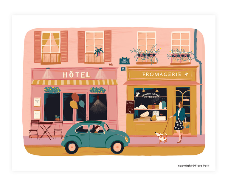 Illustration des rues de Paris. Vitrine de fromagerie et hôtel par Flore Petit